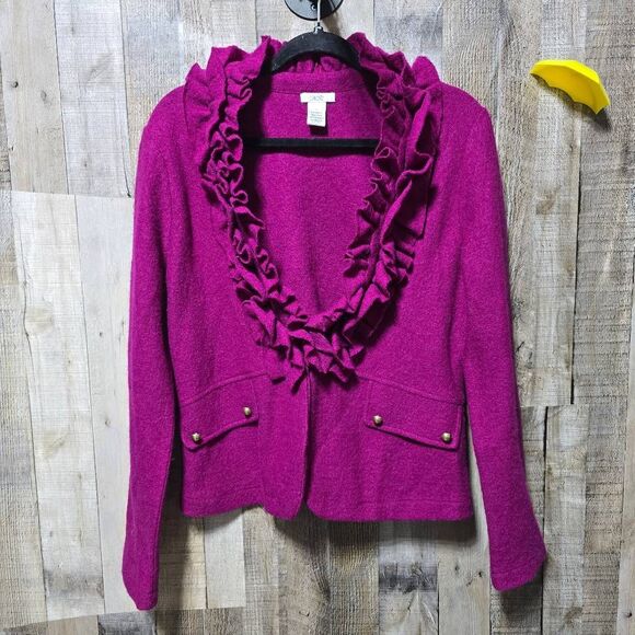 Cache Vintage 90s Magenta Ruffle Wool Cardigan Blazer - Picture 1 of 3